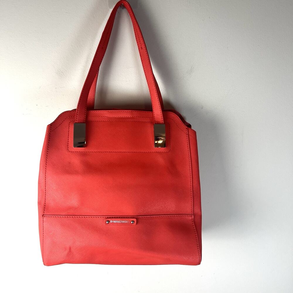 B. Makowsky Bag Saffiano Leather Red Tote Silver Hardware Handbag